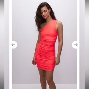 Good American ruched one shoulder mini dress neon coral size 1 small NWT